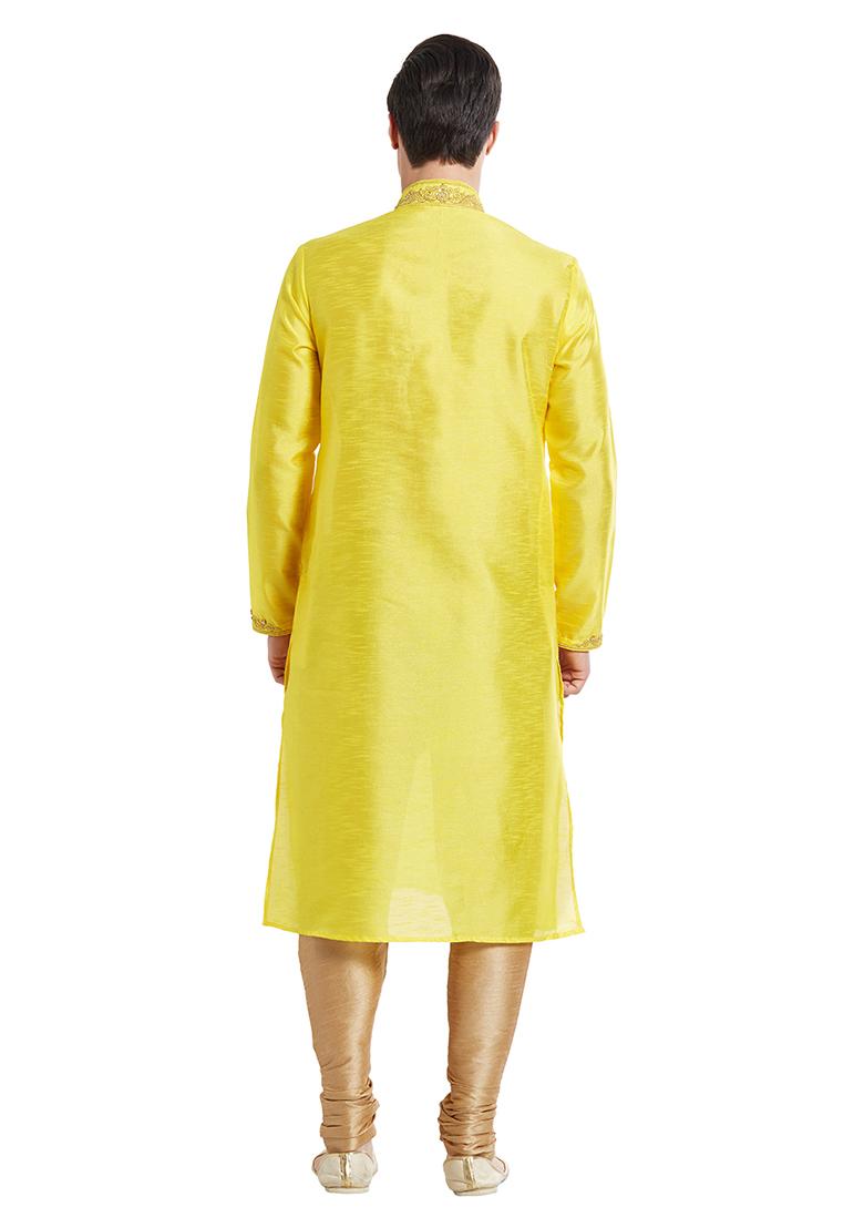 Yellow Embroidered Silk Kurta Set For Men