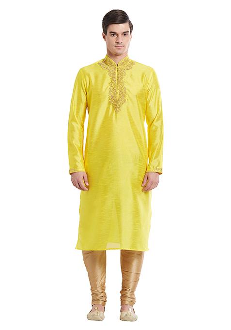 Yellow Embroidered Silk Kurta Set For Men