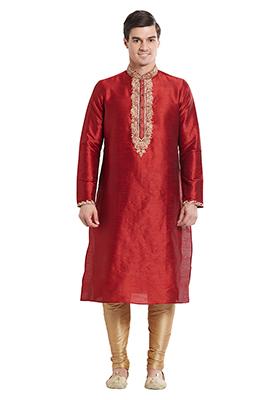 Maroon Embroidered Silk Kurta Set For Men