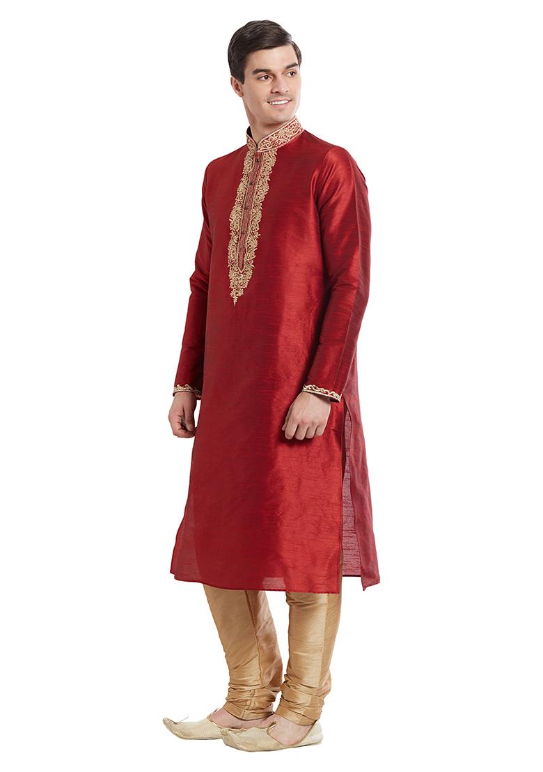 Maroon Embroidered Silk Kurta Set For Men