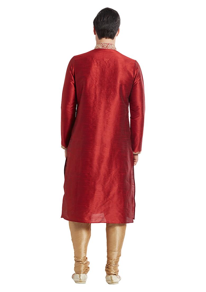Maroon Embroidered Silk Kurta Set For Men