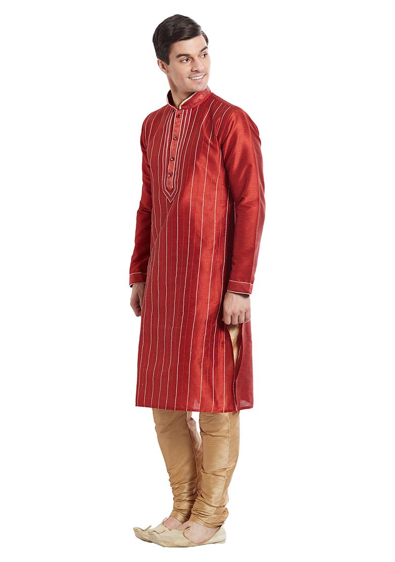Maroon Embroidered Silk Kurta Set For Men