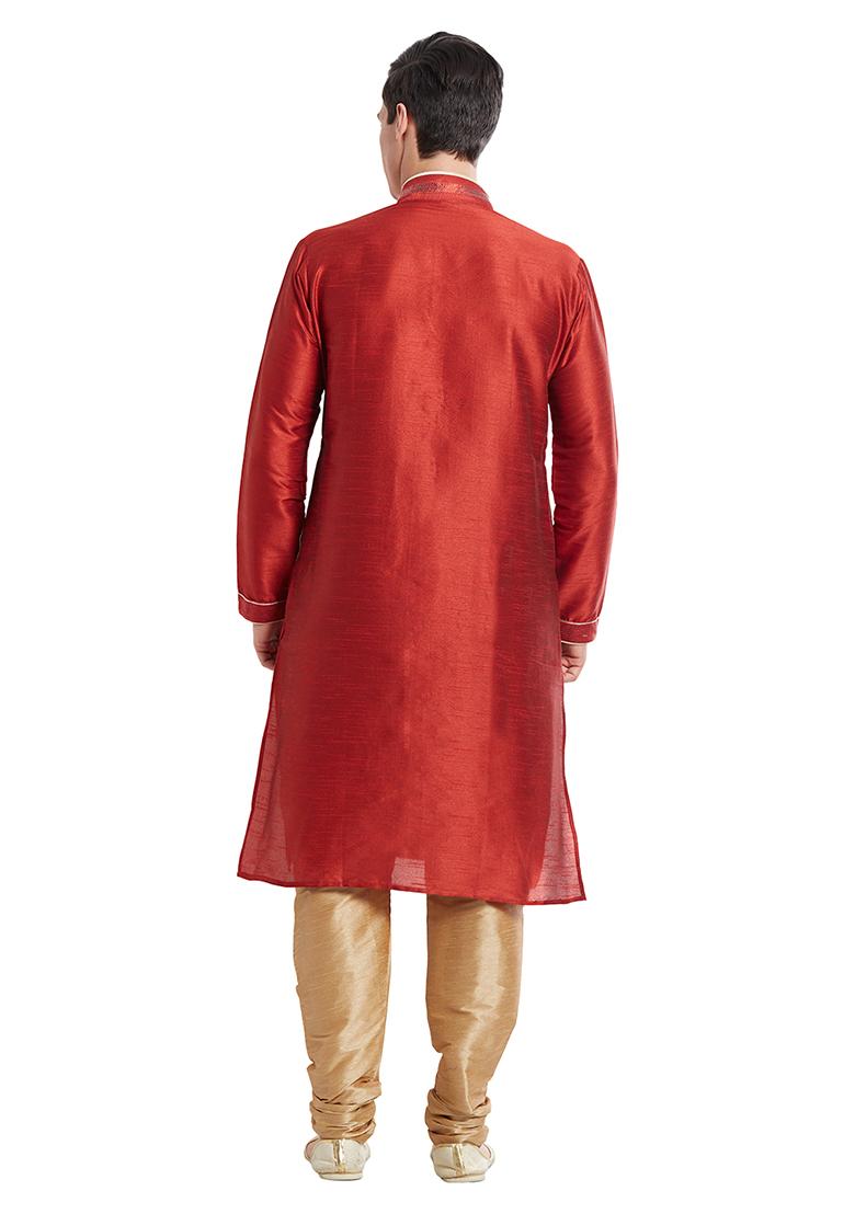 Maroon Embroidered Silk Kurta Set For Men