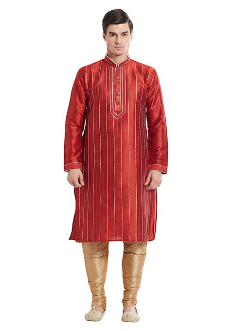 Maroon Embroidered Silk Kurta Set For Men