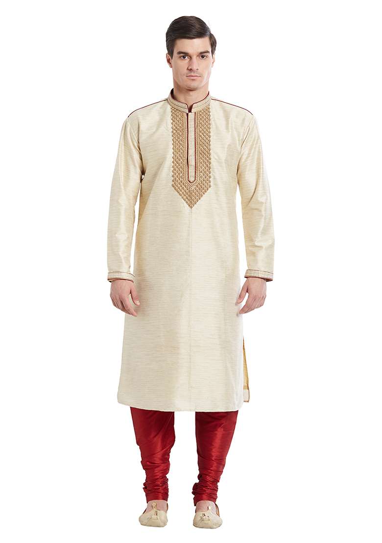 Fawn Yellow Embroidered Silk Blend Kurta Set For Men - Indya