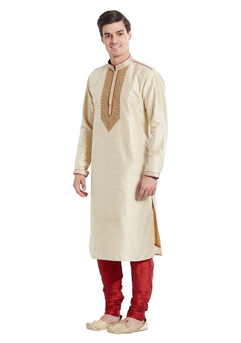 Fawn Yellow Embroidered Silk Kurta Set For Men