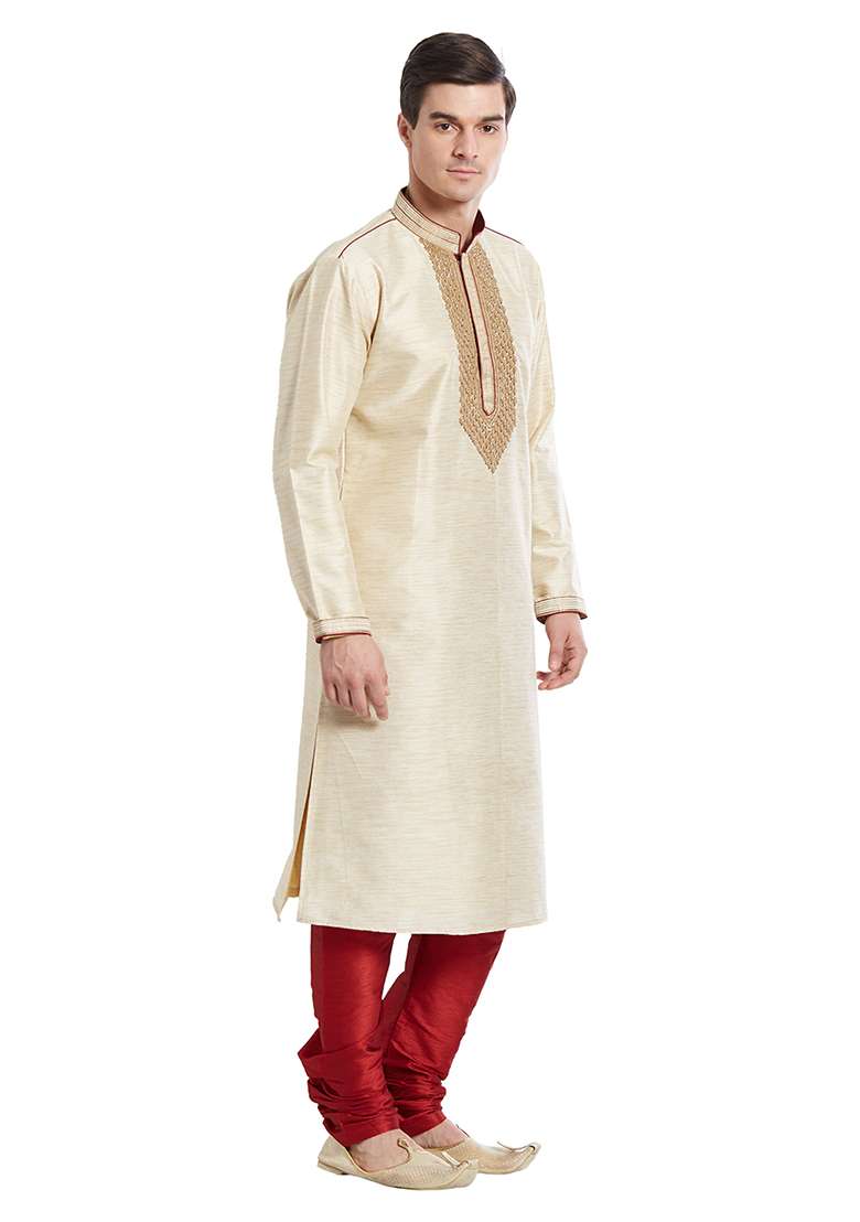 Fawn Yellow Embroidered Silk Blend Kurta Set For Men - Indya