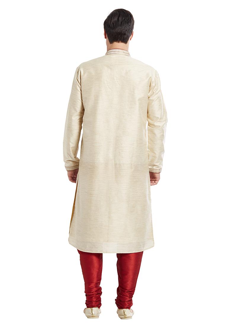 Fawn Yellow Embroidered Silk Kurta Set For Men