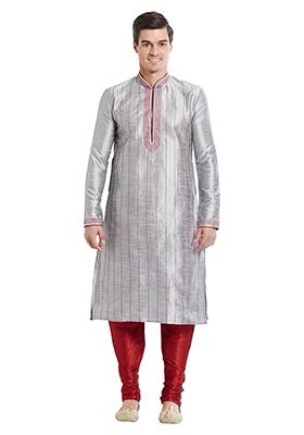 Grey Embroidered Silk Kurta Set For Men