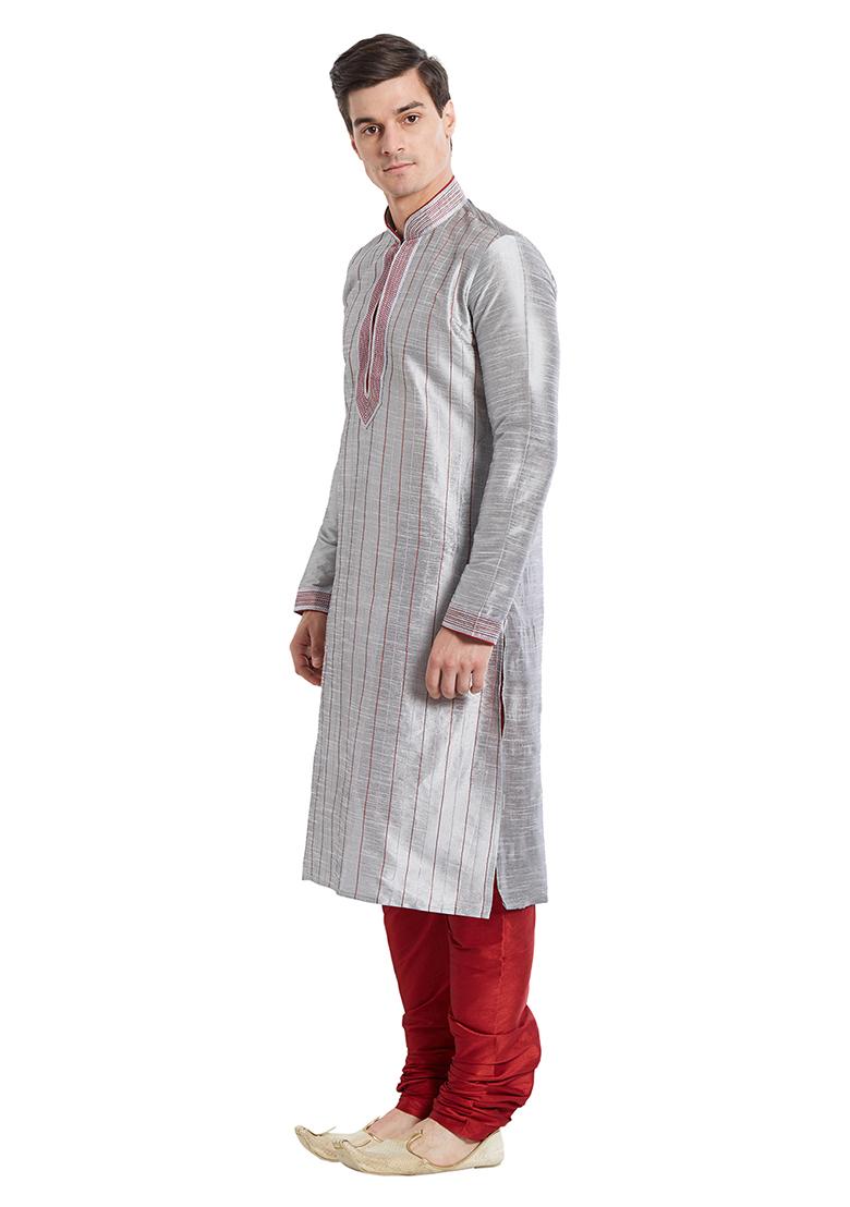 Grey Embroidered Silk Kurta Set For Men