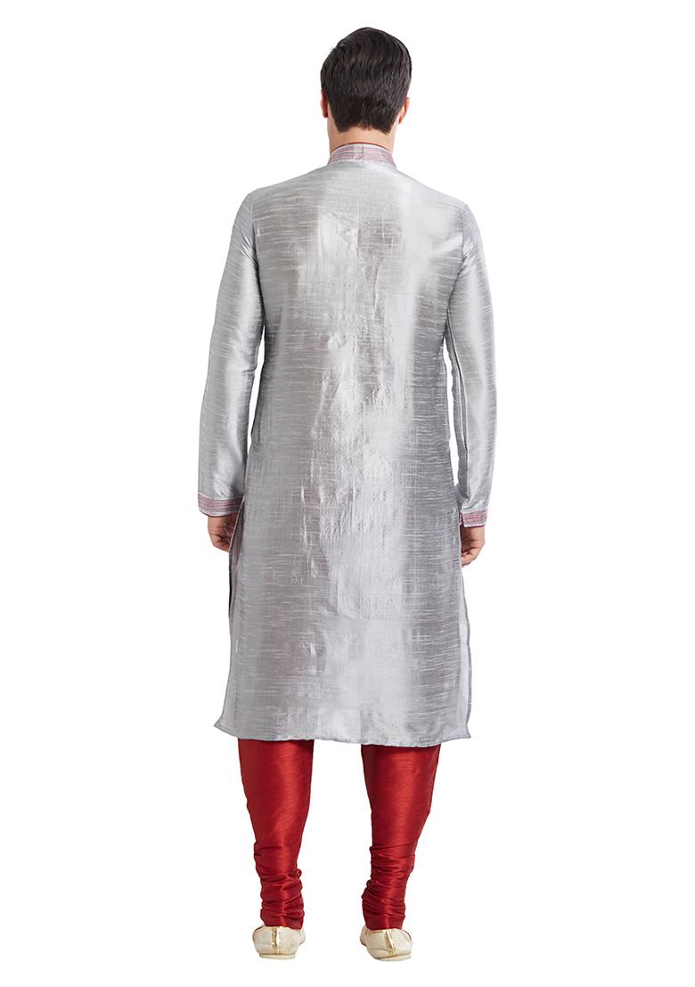Grey Embroidered Silk Kurta Set For Men