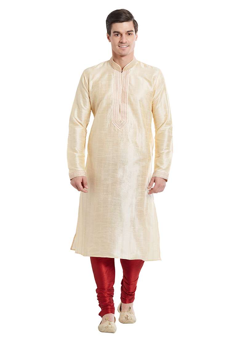 Fawn Yellow Embroidered Silk Blend Kurta Set For Men - Indya