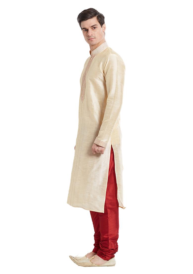 Fawn Yellow Embroidered Silk Kurta Set For Men
