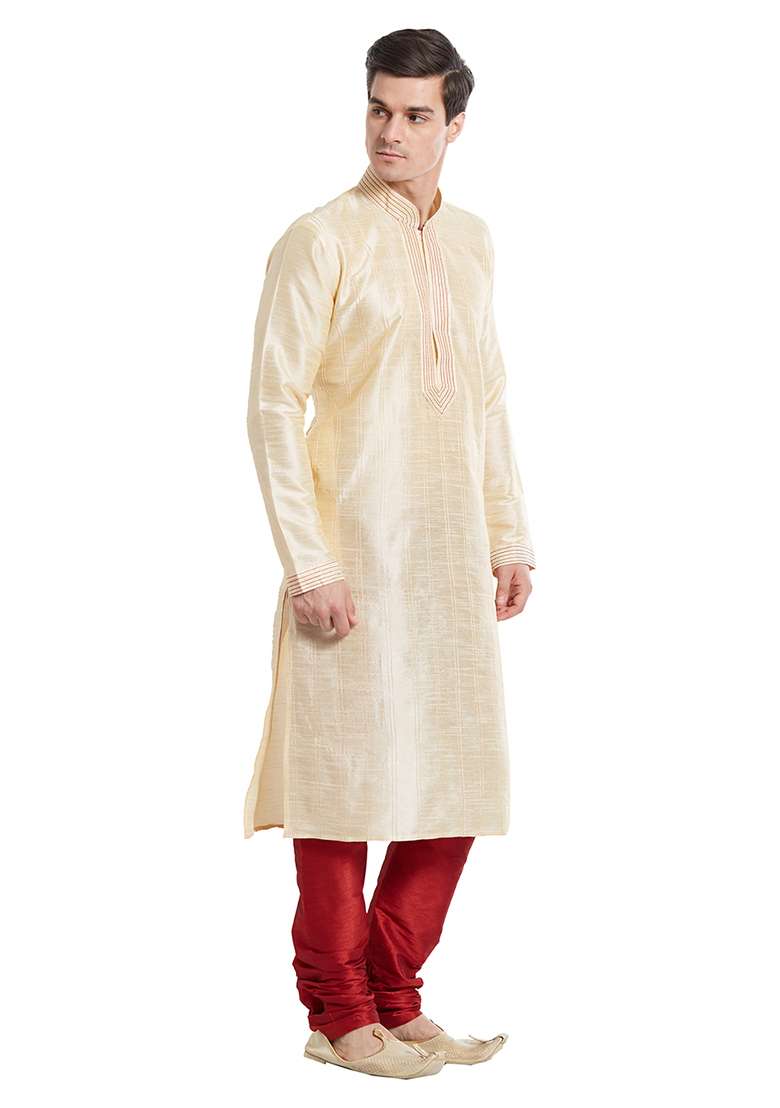 Fawn Yellow Embroidered Silk Blend Kurta Set For Men - Indya