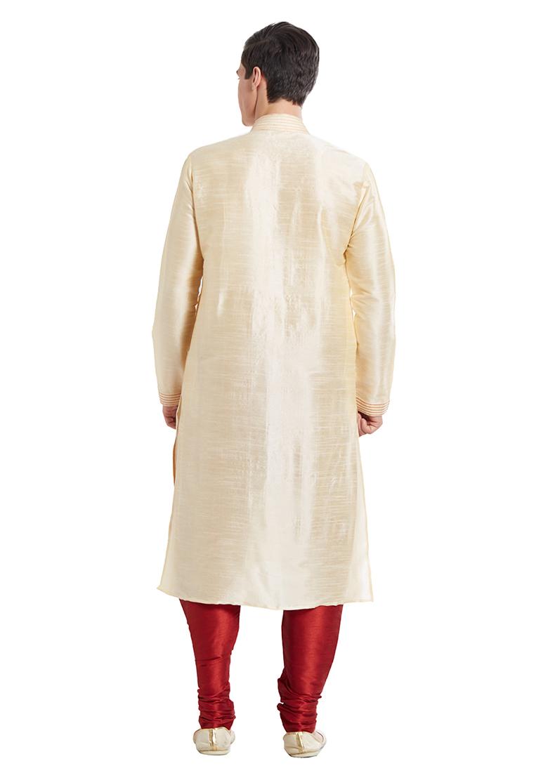 Fawn Yellow Embroidered Silk Kurta Set For Men