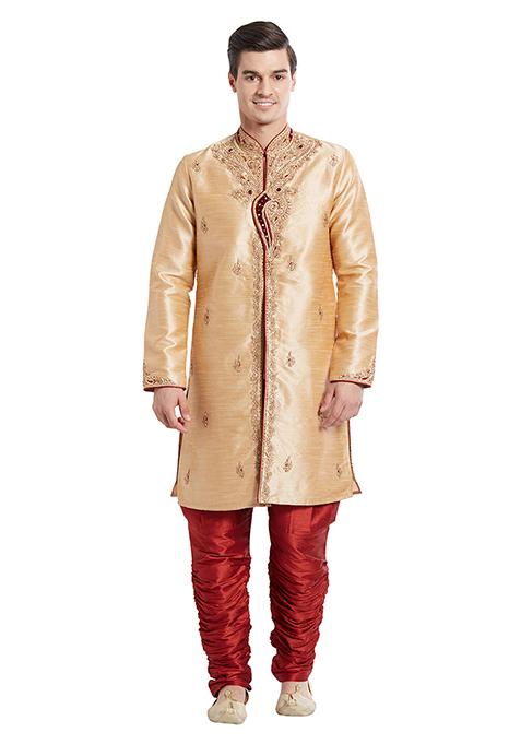 Gold Embroidered Silk Sherwani For Men