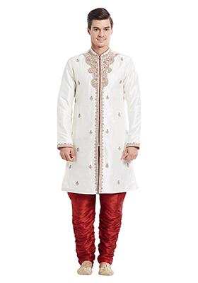 Cream Embroidered Silk Sherwani For Men