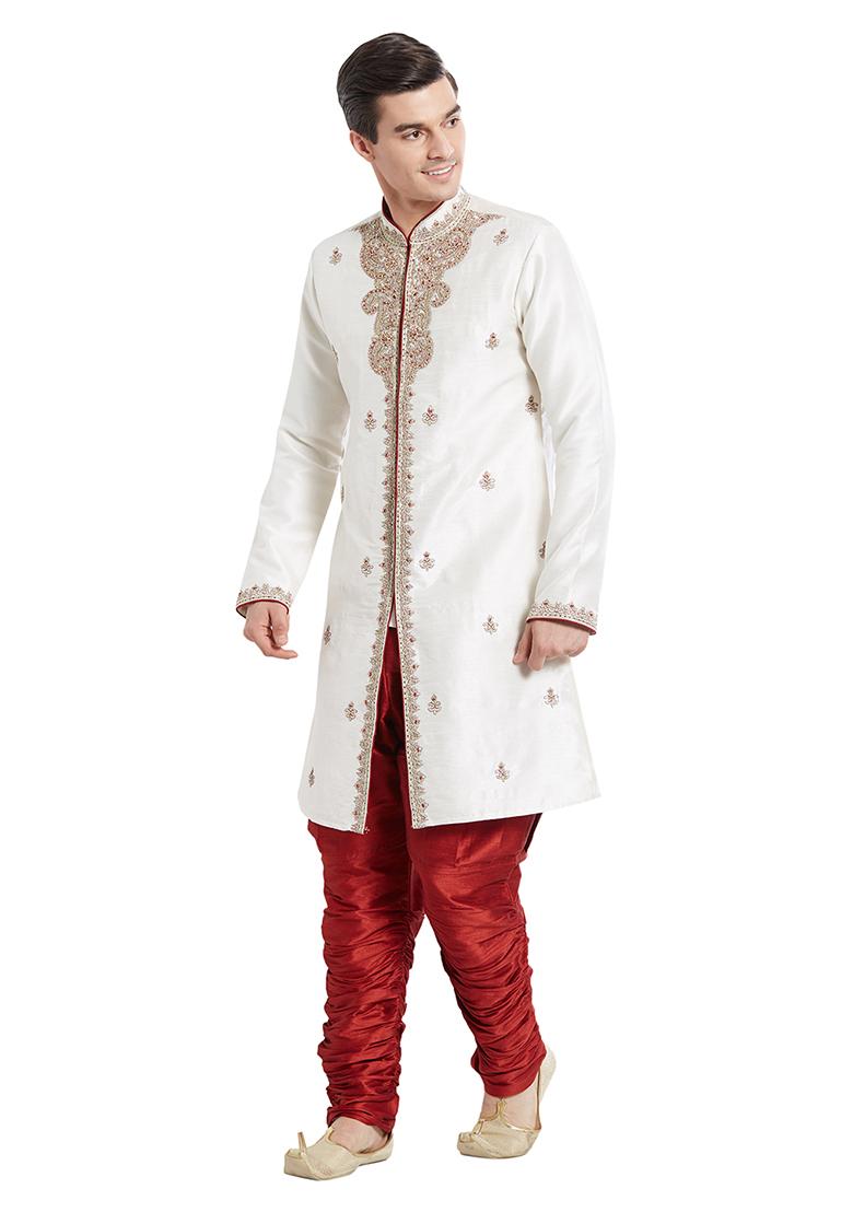 Cream Embroidered Silk Sherwani For Men