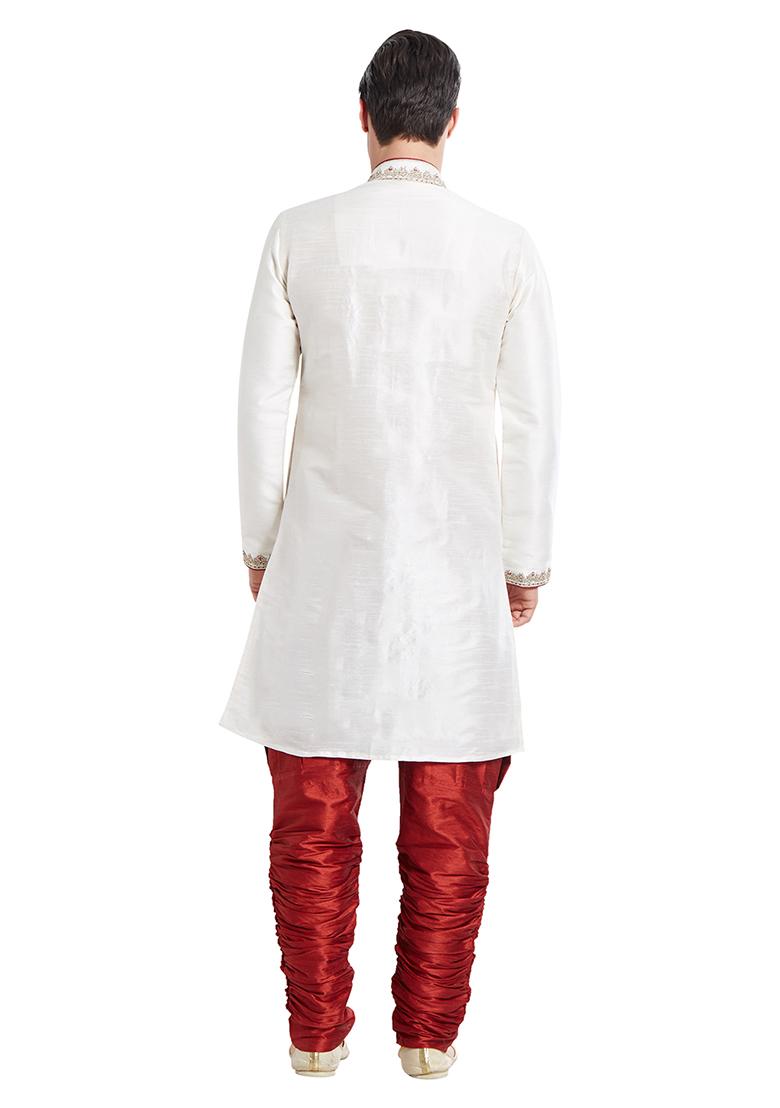Cream Embroidered Silk Sherwani For Men