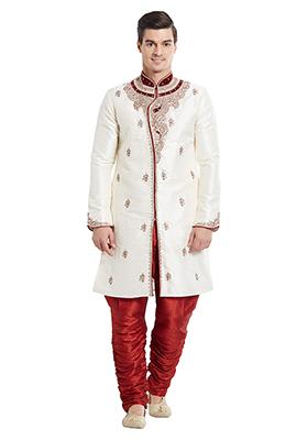 Cream Embroidered Silk Sherwani For Men