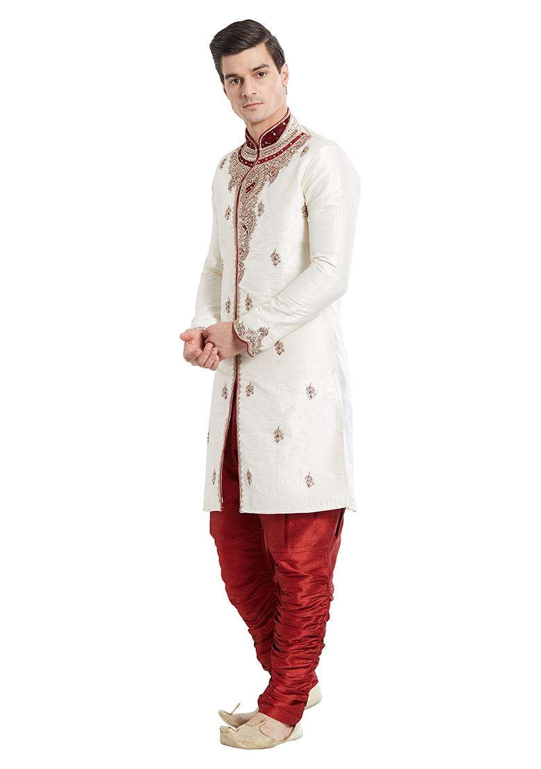 Cream Embroidered Silk Sherwani For Men