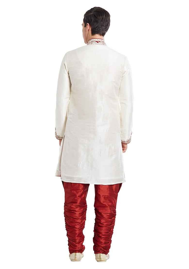 Cream Embroidered Silk Sherwani For Men