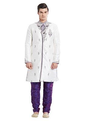 Off White Embroidered Silk Sherwani For Men