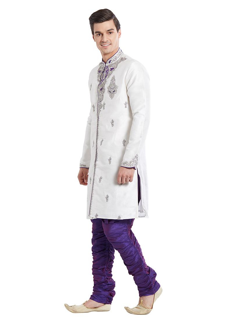 Off White Embroidered Silk Sherwani For Men