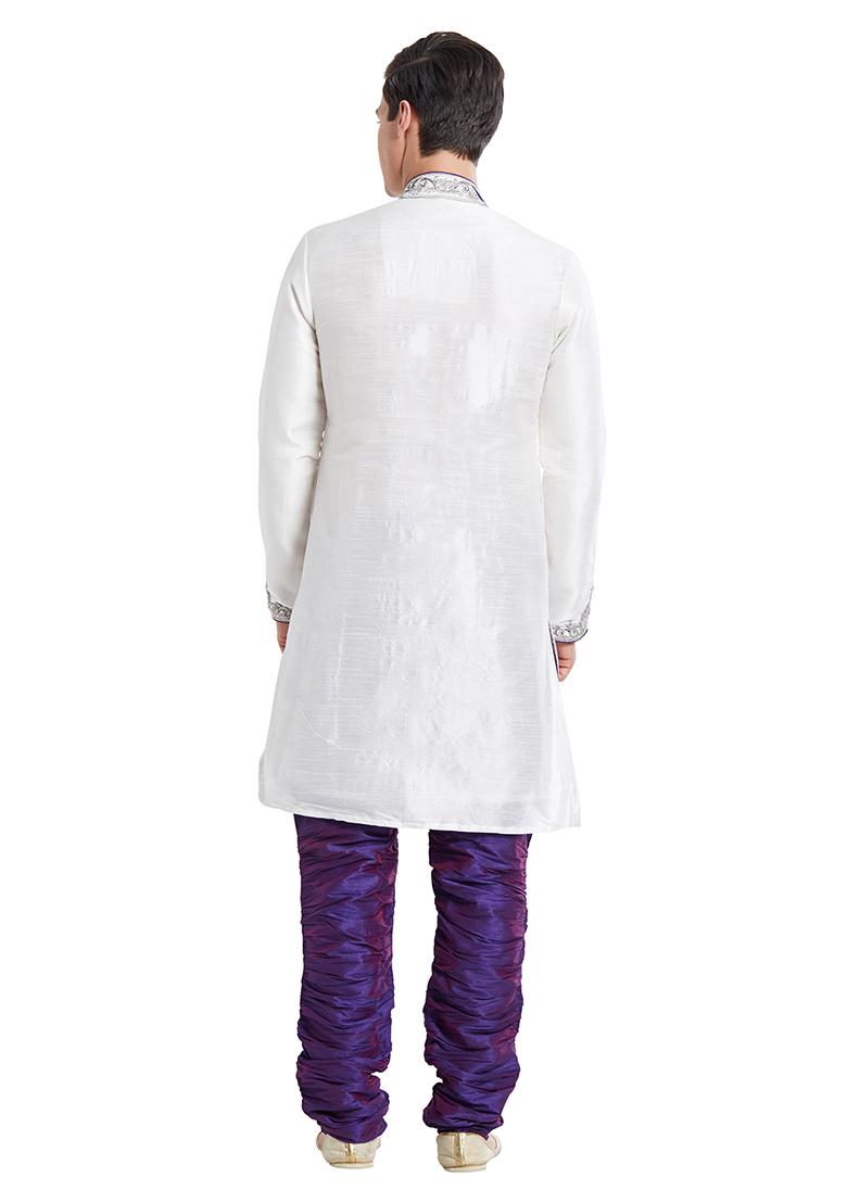 Off White Embroidered Silk Sherwani For Men