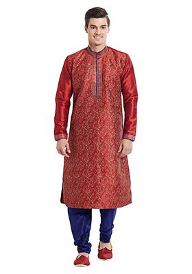 Maroon Embroidered Silk Kurta Set For Men