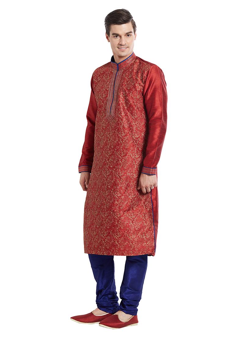 Maroon Embroidered Silk Kurta Set For Men