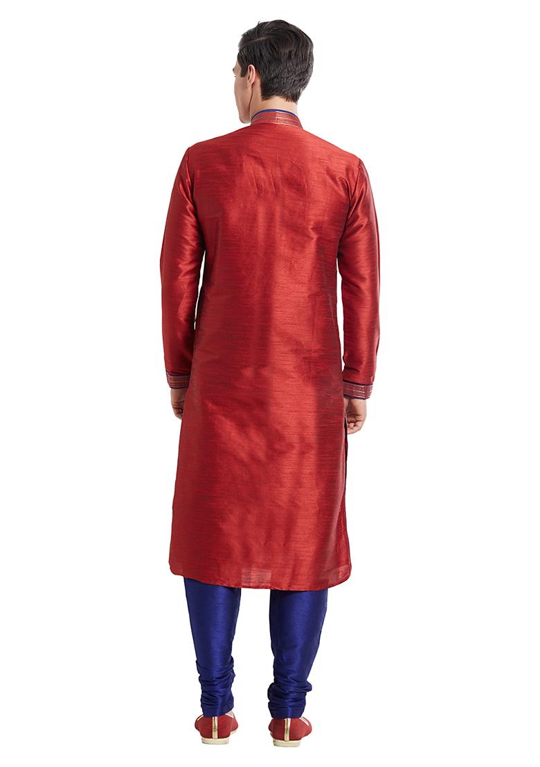 Maroon Embroidered Silk Kurta Set For Men
