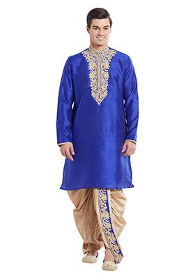 Blue Embroidered Silk Kurta Set For Men