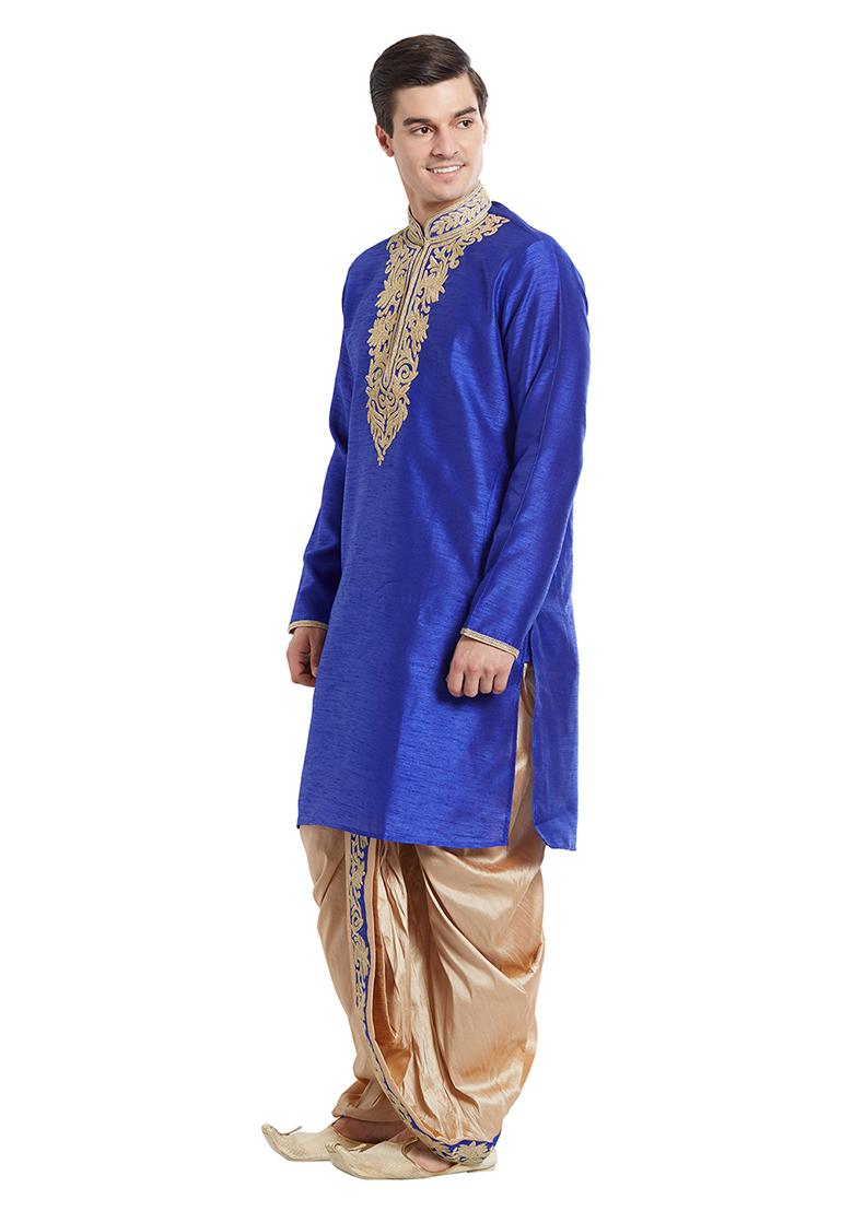 Blue Embroidered Silk Kurta Set For Men