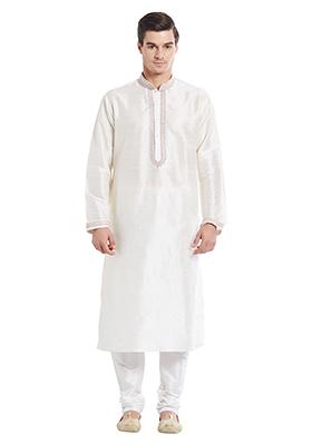 Cream Embroidered Silk Kurta Set For Men