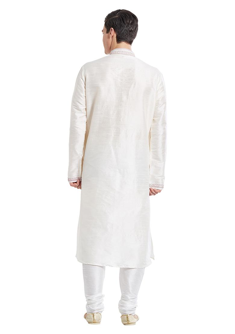 Cream Embroidered Silk Kurta Set For Men