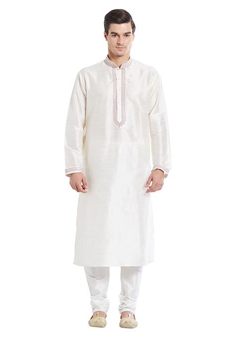 Cream Embroidered Silk Kurta Set For Men