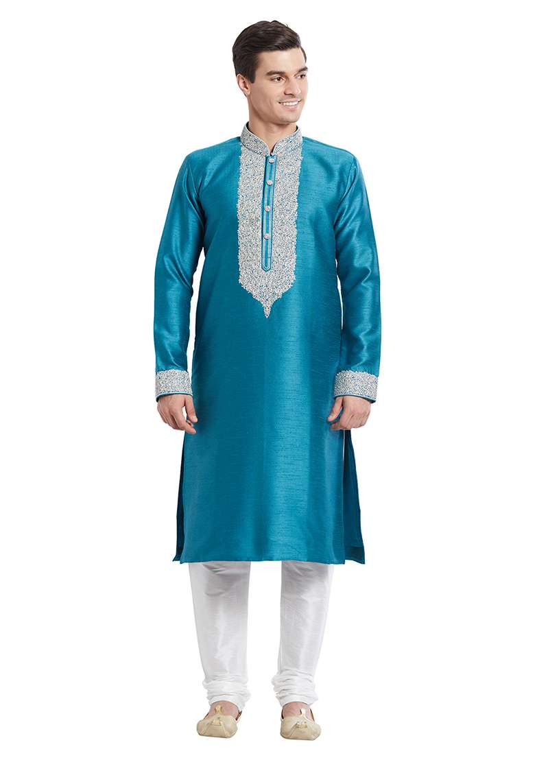Rama Green Embroidered Silk Blend Kurta Set For Men - Indya