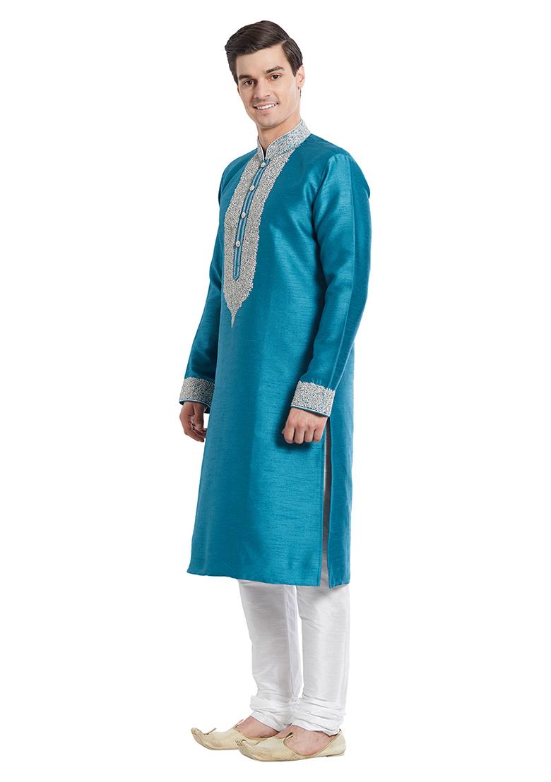 Rama Green Embroidered Silk Kurta Set For Men