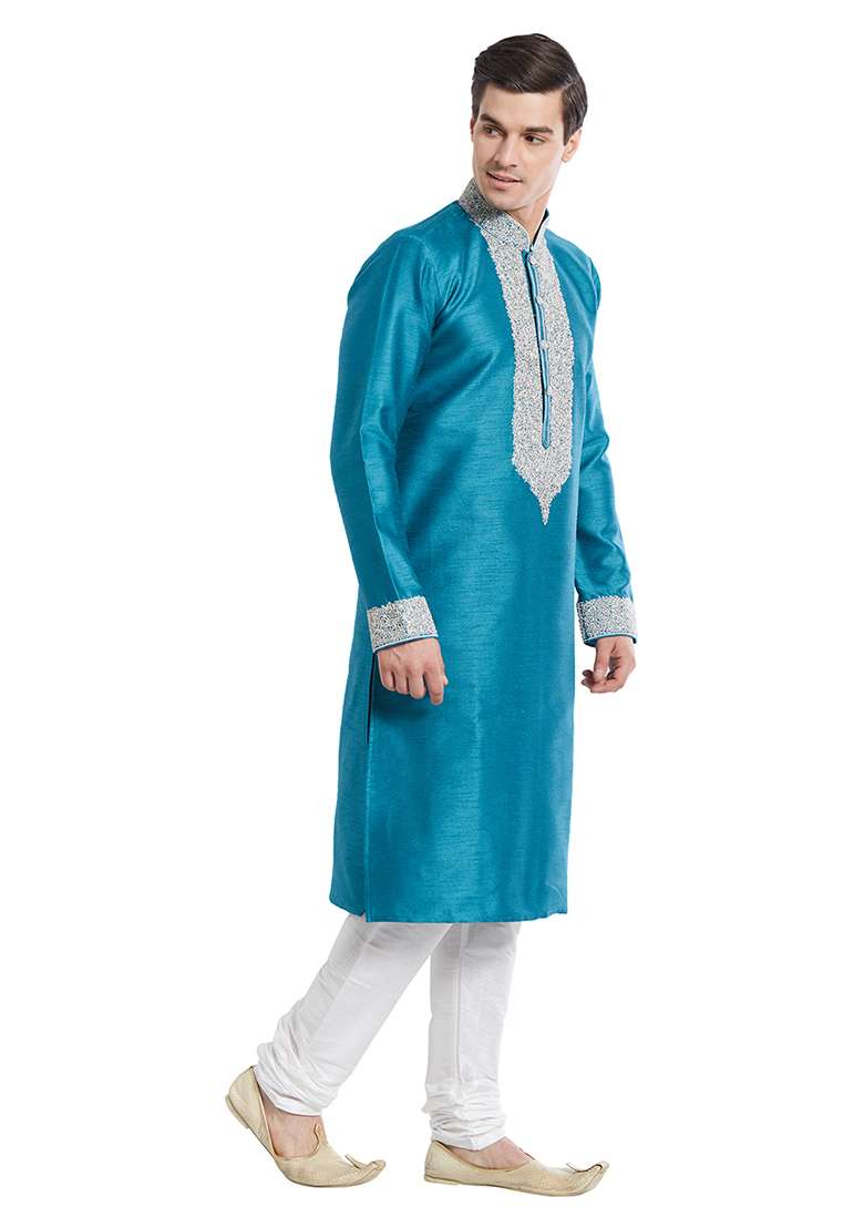 Rama Green Embroidered Silk Blend Kurta Set For Men - Indya