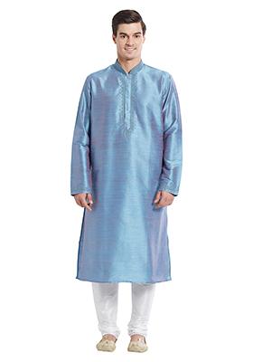 Slate Blue Embroidered Silk Kurta Set For Men