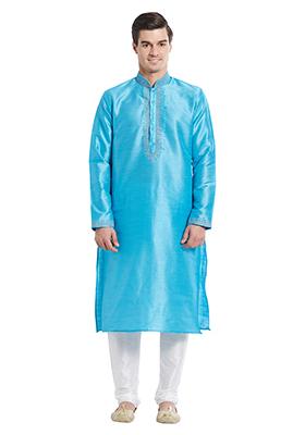Firozi Blue Embroidered Silk Kurta Set For Men
