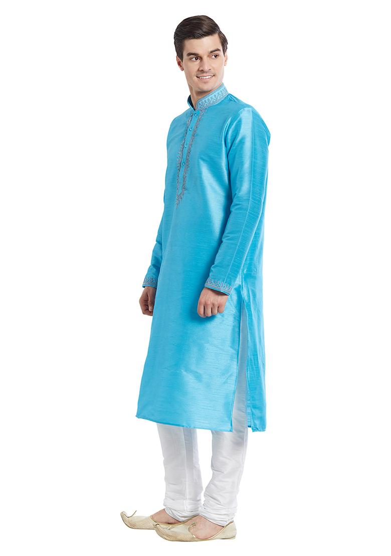 Firozi Blue Embroidered Silk Kurta Set For Men