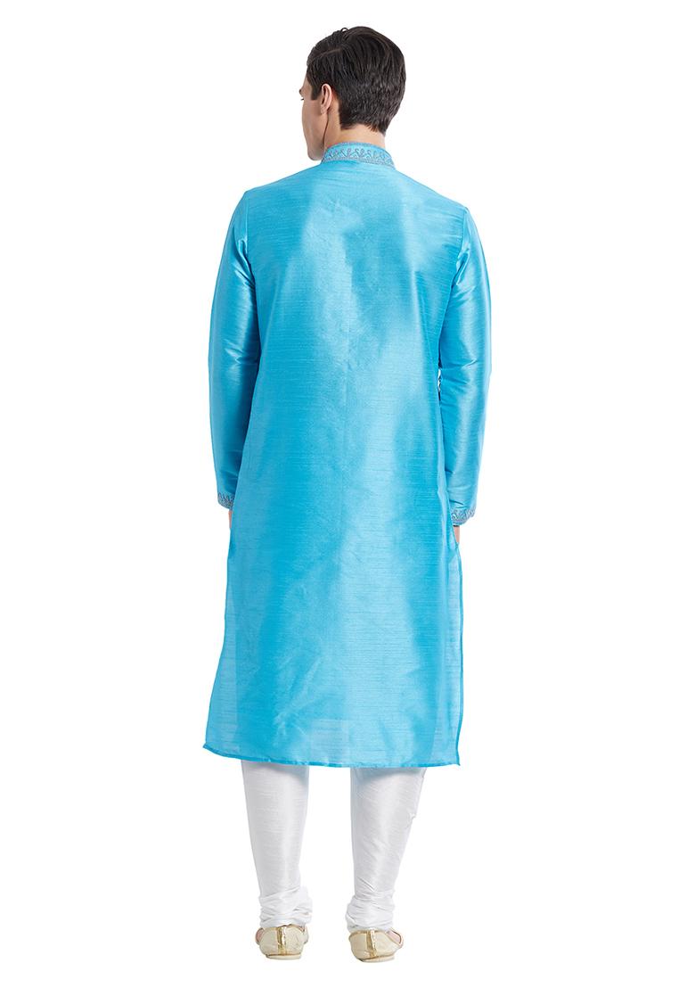 Firozi Blue Embroidered Silk Kurta Set For Men