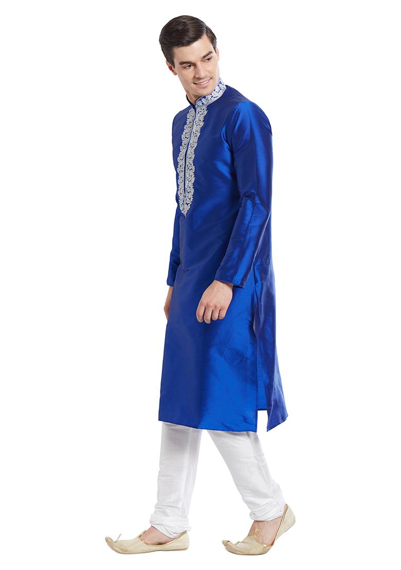 Blue Embroidered Silk Kurta Set For Men