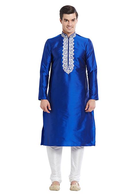 Blue Embroidered Silk Kurta Set For Men