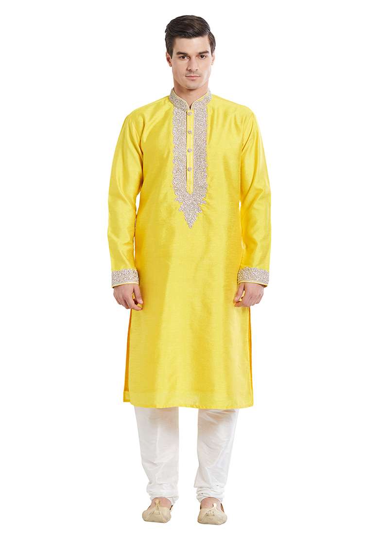Yellow Embroidered Silk Blend Kurta Set For Men - Indya