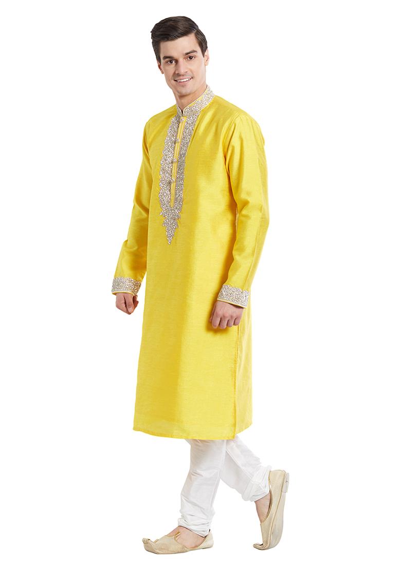 Yellow Embroidered Silk Kurta Set For Men