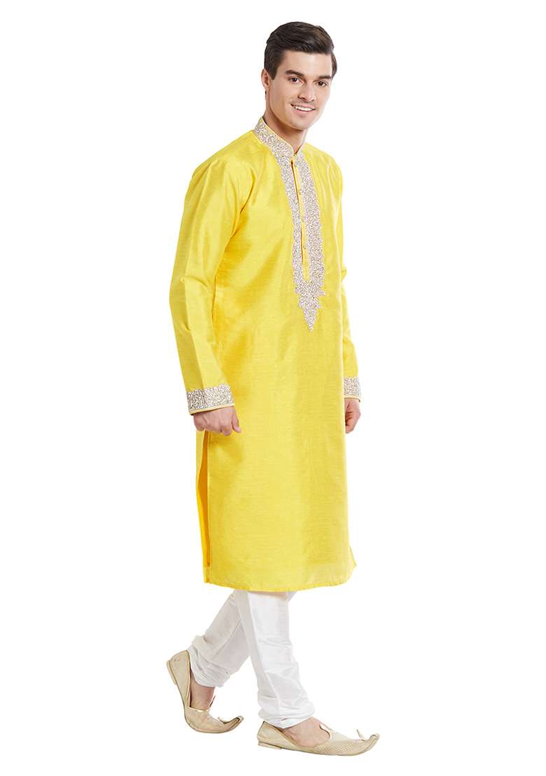 Yellow Embroidered Silk Blend Kurta Set For Men - Indya