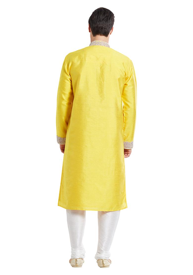 Yellow Embroidered Silk Kurta Set For Men